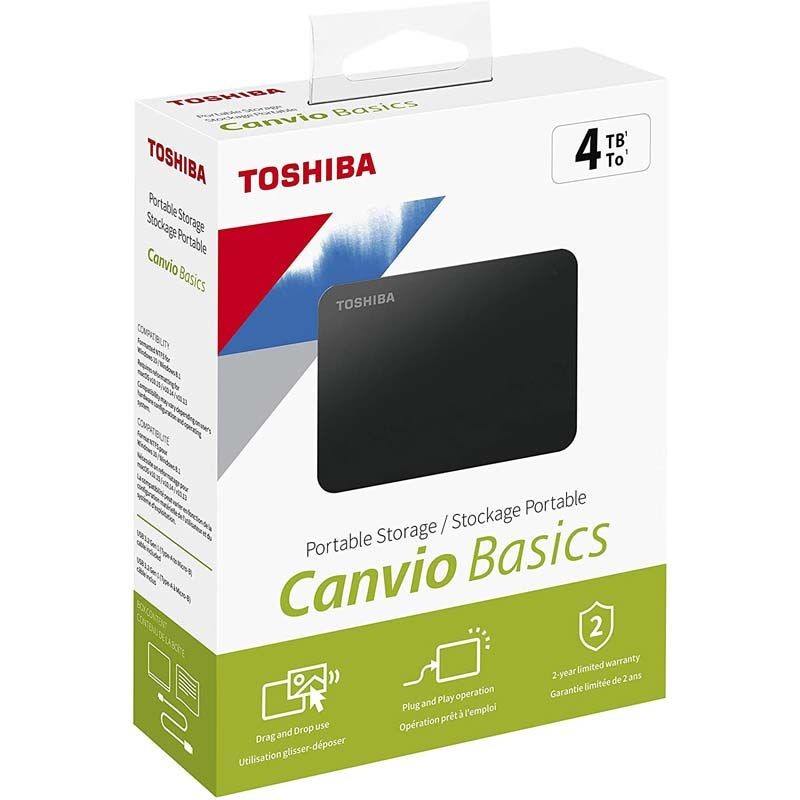 Disque dur Toshiba Canvio 4To Noir compact et léger, posé sur un bureau