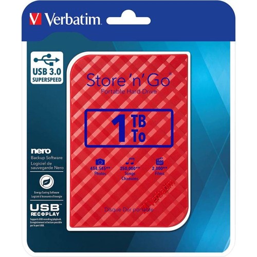 Disque Dur externe Verbatim Store'n'Go 1 To USB 3.0-Rouge Disque Dur externe Verbatim Store'n'Go 1 To USB 3.0-Rouge