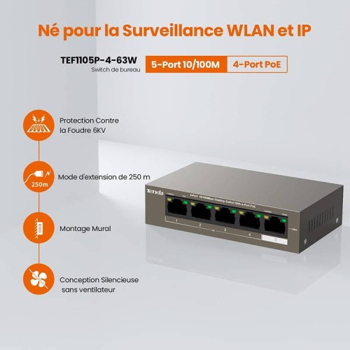 Switch TENDA TEF1105P-4-63W l 5 ports Ethernet l 10/100 Mbit/s Switch TENDA TEF1105P-4-63W l 5 ports Ethernet l 10/100 Mbit/s