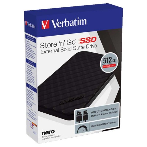 Disque dur SSD portable USB Verbatim Store 'n' Go 3.2 -  512Go -  noir Disque dur SSD portable USB Verbatim Store 'n' Go 3.2 -  512Go -  noir