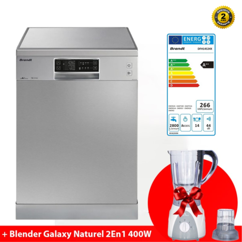 Lave Vaisselle BRANDT DFH14524X 7 prog 14 couverts Inox Lave Vaisselle BRANDT + Blender Galaxy Naturel 2En1 400W 1,5L OFFERT