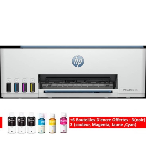 Multifonction jet d'encre HP Smart Tank 585  3en1 Couleur WiFi (1F3Y4A) + 6 Bouteilles d'encre offertes Multifonction jet d'encre HP Smart Tank 585  3en1 Couleur WiFi (1F3Y4A) avec 6 bouteilles d'encre offertes