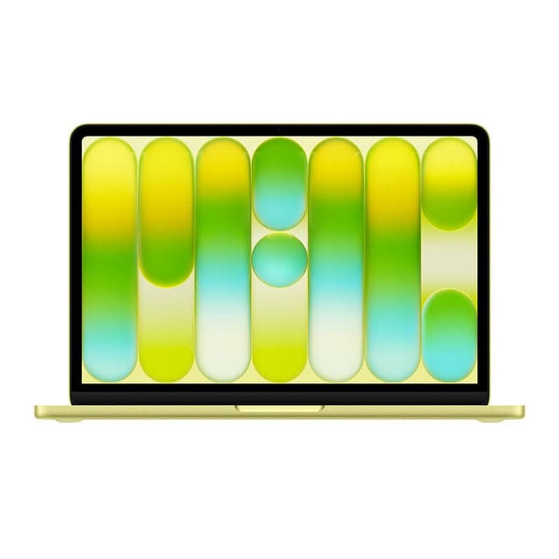 Apple MacBook Neo 13 pouces Jaune agrume — vue de face, écran Liquid Retina allumé