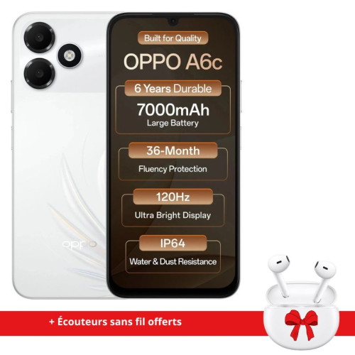 Smartphone OPPO A6c 4G 4Go 128Go - Blanc + écouteurs sans fil offerts