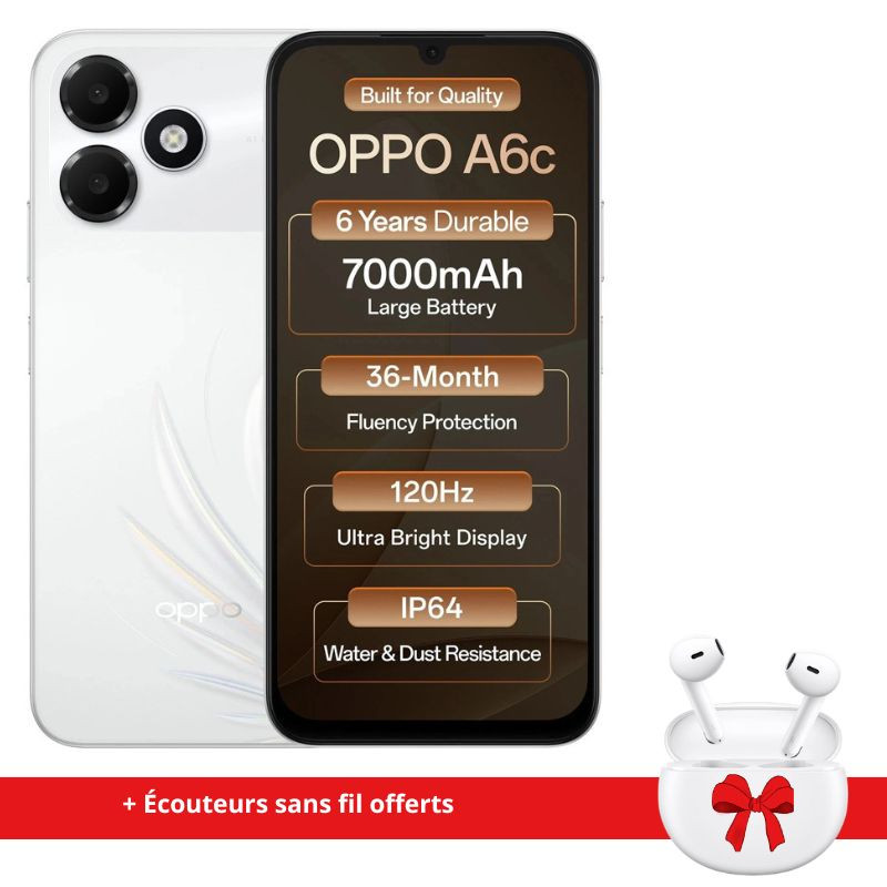 Smartphone OPPO A6c 4G 4Go 128Go - Blanc + écouteurs sans fil offerts