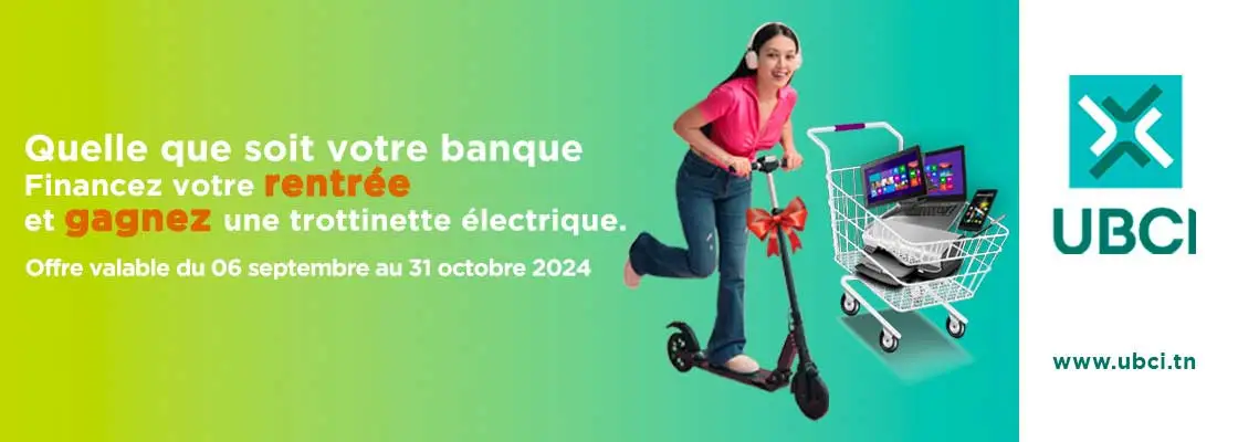 Prêts pour la rentrée ? Participez avec l’UBCI et gagner une trottinette électrique pour tout achat à crédit du 6 septembre au 31 octobre 2024.